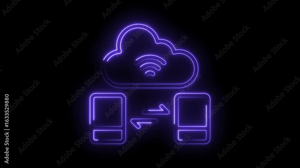 Poster glowing neon cloud icon with wifi symbol and two devices exchanging data via arrows on transparent b
