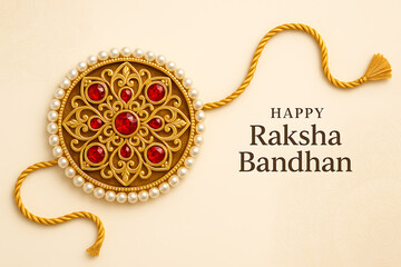 Elegant golden rakhi with red gemstones and pearls for raksha bandhan festival celebration on cream background with greeting text