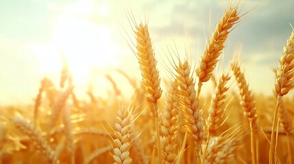 Fototapeta premium Close up of golden wheat field with bright sunlight shining through the ripe grain stalks at sunset