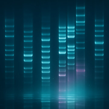 Glowing DNA sequence bands in futuristic gel electrophoresis analysis, genetic barcode pattern illuminated in neon blue and purple light, biotech medical research concept in molecular biology technolo
