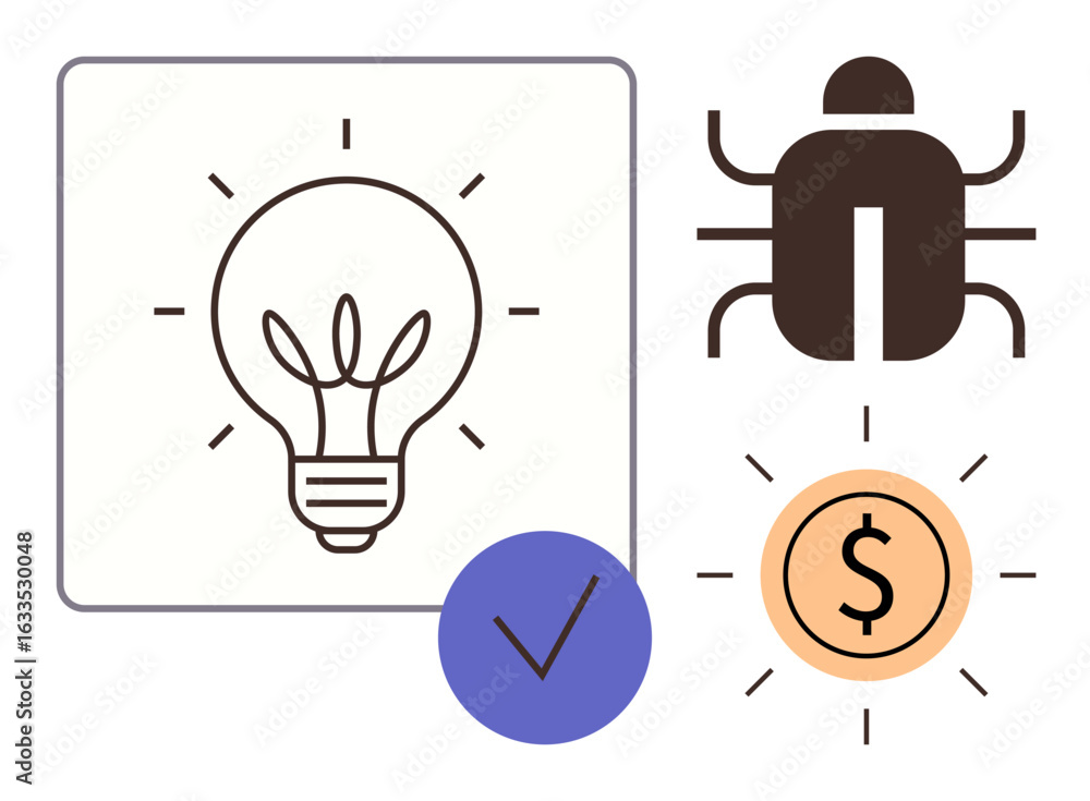 Poster light bulb for ideas, bug for debugging or issues, checkmark for solutions, dollar sign for value cr