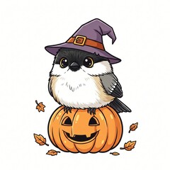 Fototapeta premium Adorable Halloween Bird in Witch Hat on Jack o lantern Pumpkin