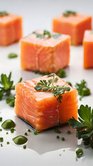 Salmon cubes elegantly plated with fresh herbs a culinary artistry display of seafood excellence