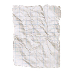 Crushed White Paper Sheet with Blue Grid Lines, Textured and Wrinkled, Isolated for Design Elements
