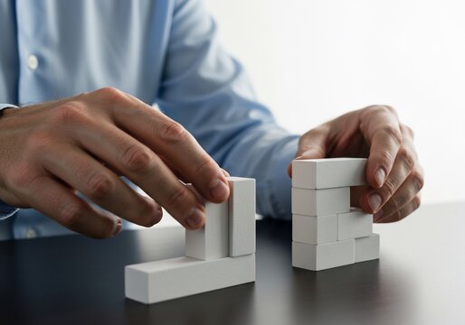 Architect of Strategy: Businessman's Hands Building a Foundation with White Blocks - Powered by Adobe