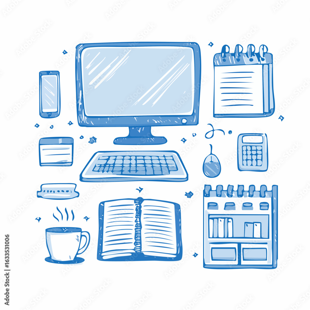 Aufkleber creative doodle illustration of a computer and assorted tech devices, surrounded by sticky notes and