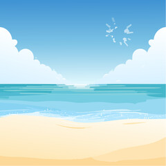 Sea beach landscape. Cartoon summer sunny day, ocean view the horizontal panorama, 