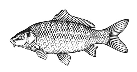 Carp Fish Monochrome Hand Drawn Illustration