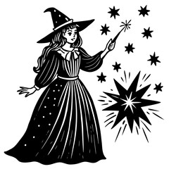 A young witch casts a spell with her wand isolated on white background