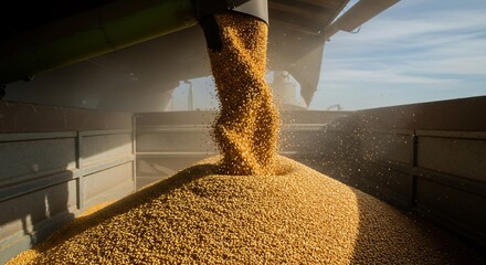 Vibrant Golden Grains Pouring from Combine Harvester Chute into Truck Bed, Capturing Abundant Harvest