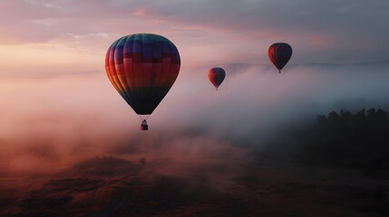 Fototapeta premium Colorful hot air balloons soaring over tranquil countryside at sunset