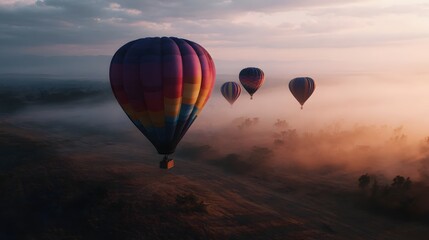 Obraz premium Colorful hot air balloons soar over the tranquil countryside at sunrise