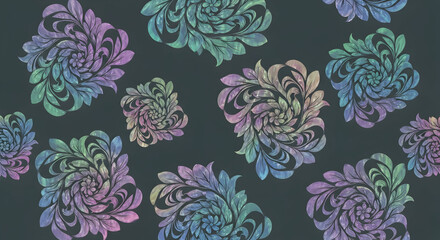 Abstract Floral Artistry: A captivating composition of repeating floral patterns in a gradient of vibrant colors on a dark background, creating a sense of elegance and artistry.