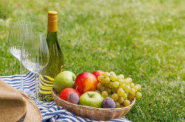 Picnic with wine, fruits, and baguette on a green meadow