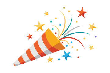 3D Party popper with fireworks on white background
