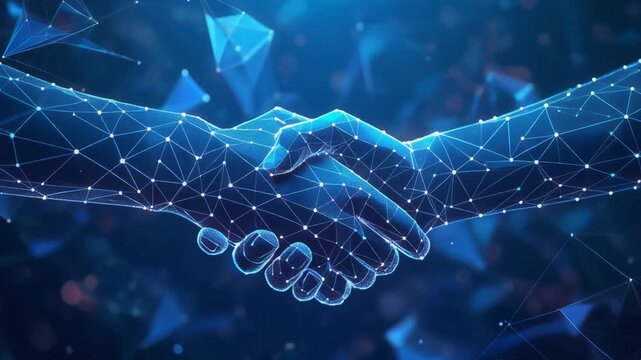 A digital handshake between human and AI on a blue tech background with abstract hands made of lines, dots, and triangles.	
