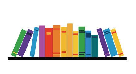 Row of colorful books standing on a shelf, leaning slightly