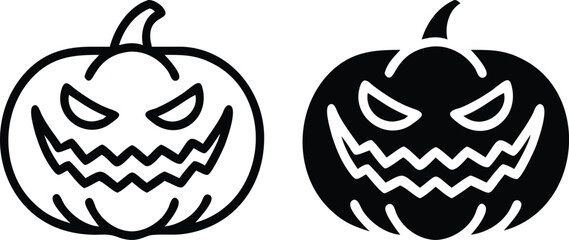 Halloween Pumpkin Icon Vector, Jack O Lantern Silhouette, Black White Scary Illustration