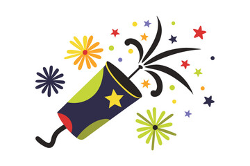3d party poppers icon with flying confetti and stars vector illustration on white background