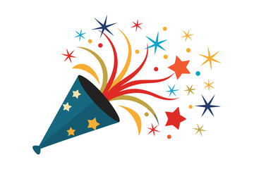 3d party poppers icon with flying confetti and stars vector illustration on white background