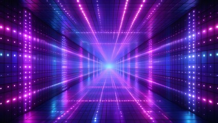 Abstract neon light tunnel background glowing with purple and blue led lights