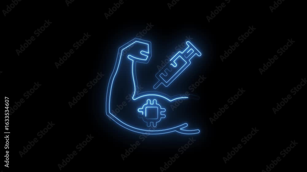 Poster glowing blue neon outline of a muscular arm with a syringe injecting a microchip symbolizing biohack