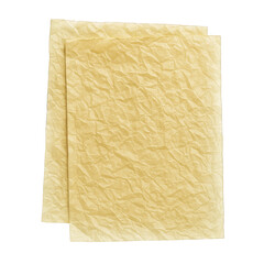Two Textured Crumpled Parchment Paper Sheets Overlapping with Detailed Folds and Wrinkles, Isolated
