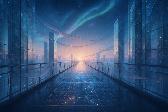 Futuristic sci-fi glass corridor cityscape with glowing skyline, digital constellations on floor, aurora lights above horizon, immersive architecture bridge design, cyber metropolis illustration at su