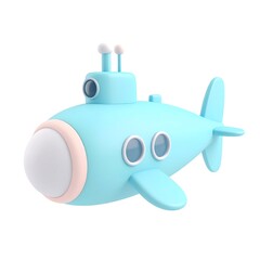 A charming light-blue cartoon submarine, playfully rendered in 3D, isolated on a white background.