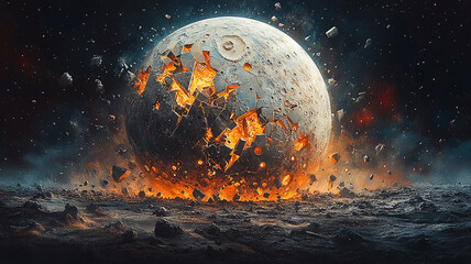 Planet with a cracked, glowing surface, alien world with fiery fractures,