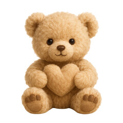 Adorable fluffy teddy bear holding a textured heart in its paws isolated on transparent background
