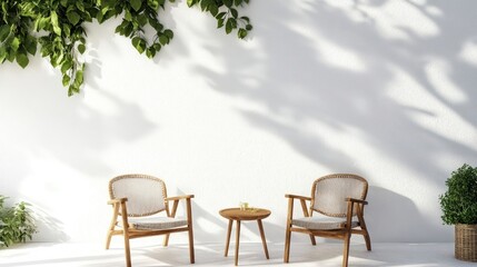 Patio set with two chairs and table against white wall