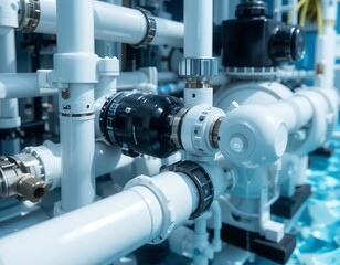 Fototapeta premium White industrial pipes with black valves, plumbing system for water treatment