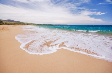 Sunny beach in Hawaii with golden sand, clear blue water under a bright sky