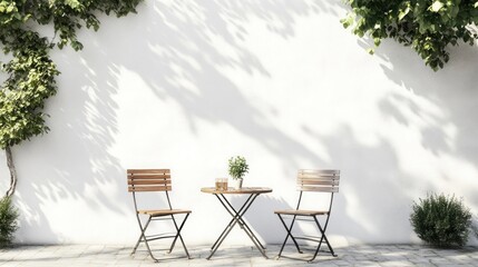 Obraz premium Patio set with two chairs and table against white wall