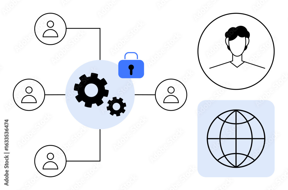 Poster gears connecting users, lock representing security, globe symbolizing global reach, user profiles. i