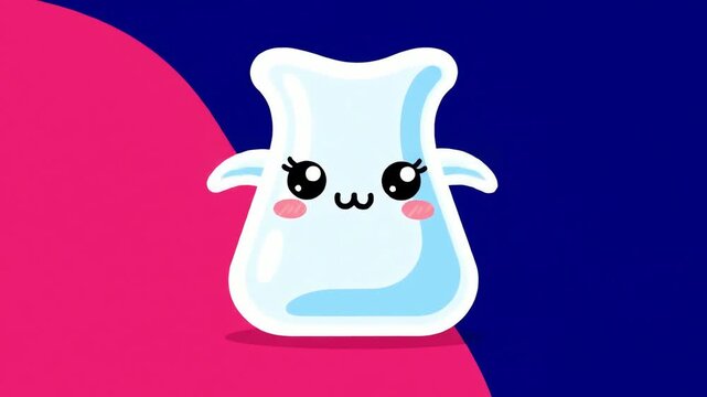 Cute animated laboratory beaker character with smiling face against vibrant pink and blue background