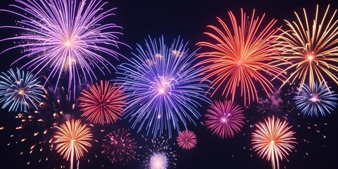 Fototapeta premium Vibrant fireworks display in night sky with colorful bursts and glowing sparks, festive celebration background – AI-Generated