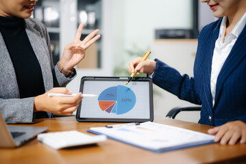 Business team collaboration discussing working analyzing with financial data and marketing growth...