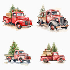 Set of four illustrations showcasing vintage red pickup trucks, each carrying christmas decorations like trees and presents.  The style is watercolor and conveys a festive atmosphere.