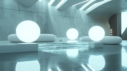 Modern Minimalistic Room With Spherical Lights and Decorative Reflections. This image conveys elegance, minimalism, and a futuristic ambiance perfect for various design projects