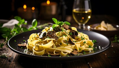 Elegant plated pasta dish with black olives fresh herbs and parmesan cheese served on a black plate in a rustic dark setting with glass of white wine in the background