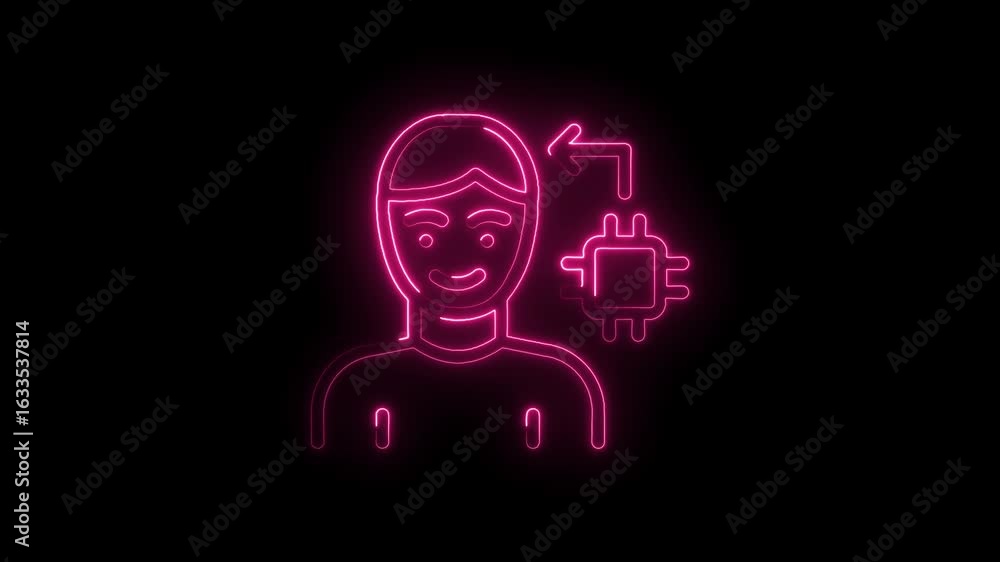Aufkleber glowing neon human icon connected to computer chip circuit with arrow symbolizing data transfer tech