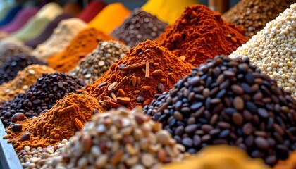 a close up of a spice market stall, with colorful spices piled high in mounds, creating a dense texture of color and aroma.