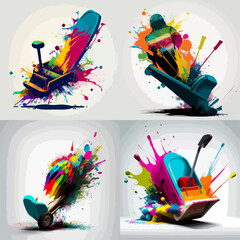 Four abstract designs with vibrant paint splatters and colorful shapes.  The elements create a dynamic visual effect.