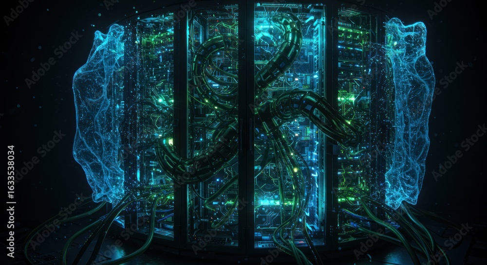 Fototapete futuristic cybernetic server cluster with digital data flow visualization and complex hardware