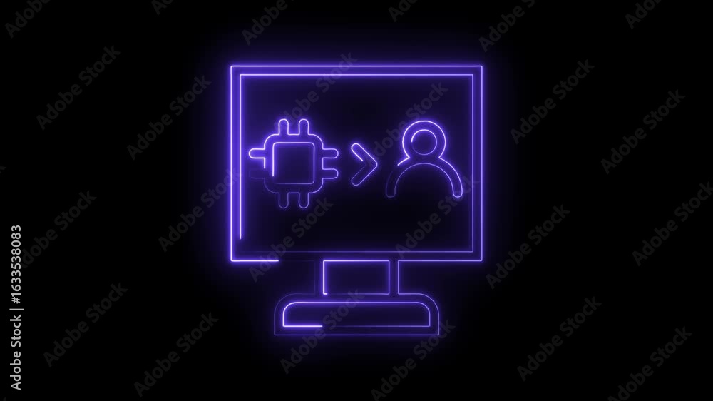 Poster glowing neon computer monitor displays processor chip transferring data to human silhouette represen