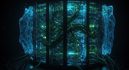 Futuristic cybernetic server cluster with digital data flow visualization and complex hardware