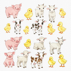 Obraz premium A charming collection of illustrated baby farm animals, including piglets, calves, lambs, goats, chicks, and ducklings.