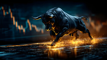 Glowing Bull Striking the Ground on a Virtual Stock Exchange